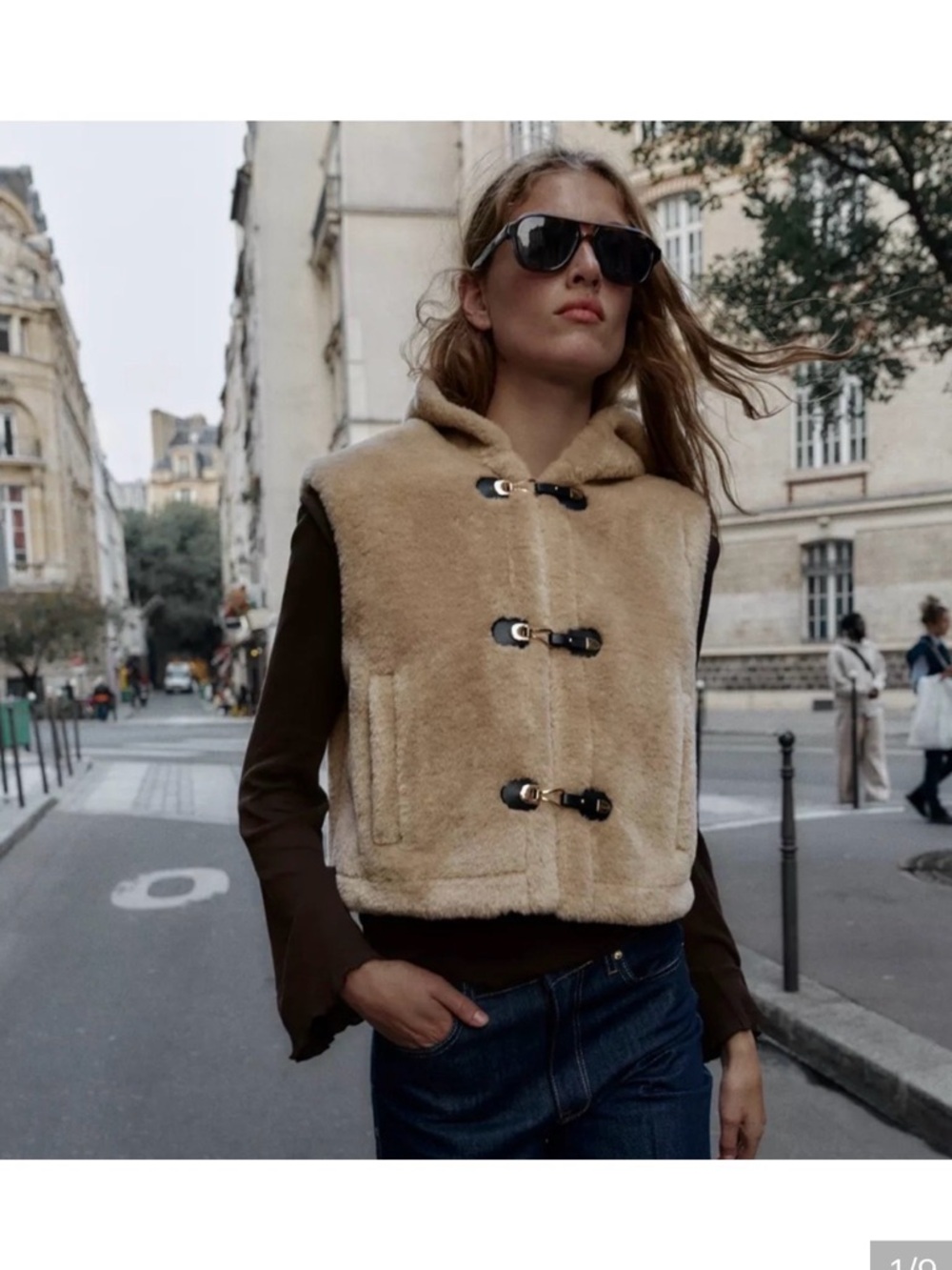 Zara Medium Beige Faux Shearling Toggle Vest with Hood - Women
